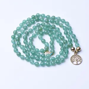 Wholesale Natural Gemstone Jade Stone Green Aventurine Beaded Necklace Tree Of Life Pendant Jewelry Necklace