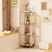 Étagère de rangement décorative à 4 niveaux-Étagères en MDF noyer avec panneaux acryliques ondulés, étagère autoportante avec roues verrouillables