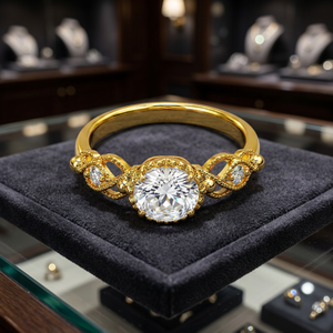 Anillo de compromiso Gourik de latón chapado en oro con piedra de nacimiento de abril creada en laboratorio, engaste de púas, corte brillante, diseño floral, estilo suroeste para boda - Product Image 3