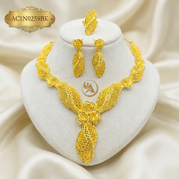 Parure de bijoux plaqué or 24 carats avec chaîne à maillons en forme de feuille florale nigériane pour femme, collier, boucles d'oreilles et bague de mariée africaine