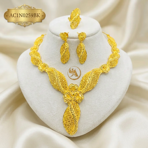 24K Gold Plated Nigerian Floral Leaf Jewelry Set for Women African Bridal Necklace Earrings Ring Set - Product Image 1