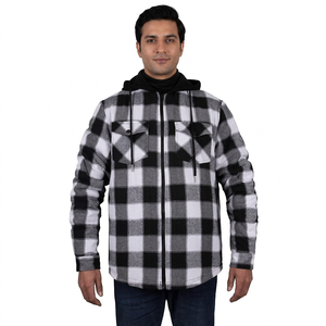 Chaqueta de Franela Acolchada Extra Grande con Capucha para Hombre, Diseño a Cuadros Blanco y Negro, Invierno 2022 - Product Image 1