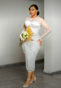 Vestidos de <span class=keywords><strong>novia</strong></span> personalizados para <span class=keywords><strong>novia</strong></span> cuello redondo manga larga longitud del té encaje perlas cuentas Aso Ebi vestidos de <span class=keywords><strong>novia</strong></span> Robes De Mariees - Product Image 6
