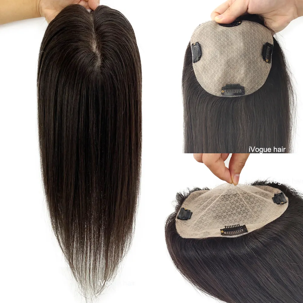 Skin Base Human Hair Topper With 4 Clips In Silk Top Virgin European Hair Toupee for Women Fine Hairpiece