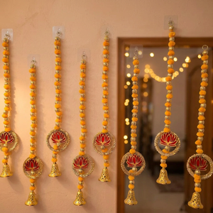 Orange Modern Eco-Friendly Pom Pom <b>Bell</b> Garland with Lotus Flower Wall Hanging Decor Handmade Diwali Door Decoration - Product Image 5