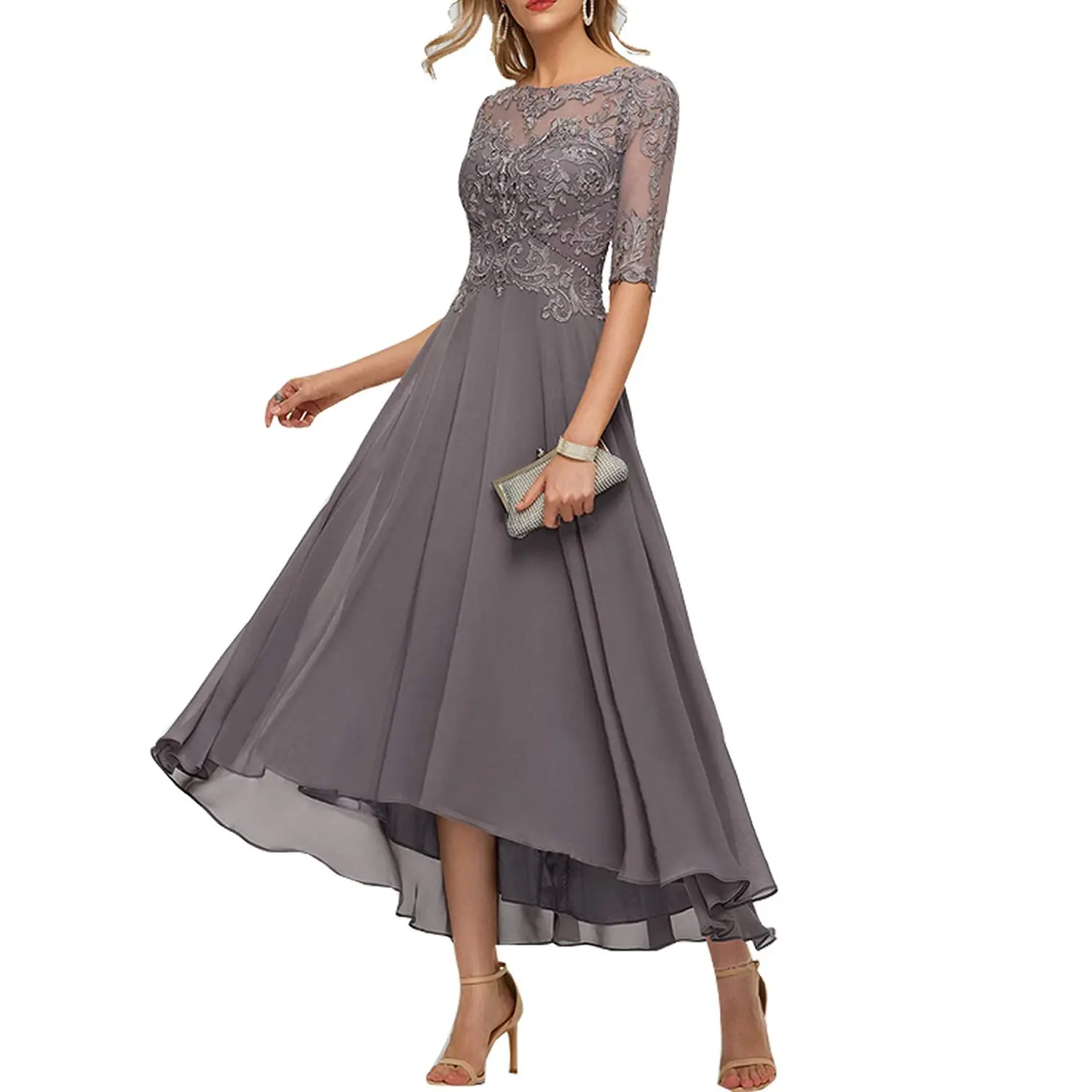 Women's Floral Lace Asymmetrical Chiffon Long Bridesmaid Dress 1/2 Sleeve Empire Waist Mother of The Bride Dresses