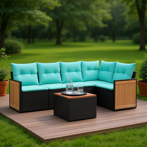 6 Piece Black Poly <b>Rattan</b> Patio <b>Sofa</b> Set With Cushions Garden Furniture Outdoor Seating - Product Image 2