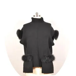 Winter Mouwloos Vest Overjas Vrouw Zwart Speciaal Ontwerp Vossenbont Trim Wolmix Jassen Voor Dames