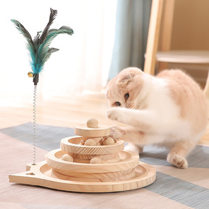 Paull Solid Wood <b>Cat</b> Toy Turntable Self Entertaining <b>Cat</b> Wand With Ball And Feather For Indoor Play Pet Gift - Product Image 1