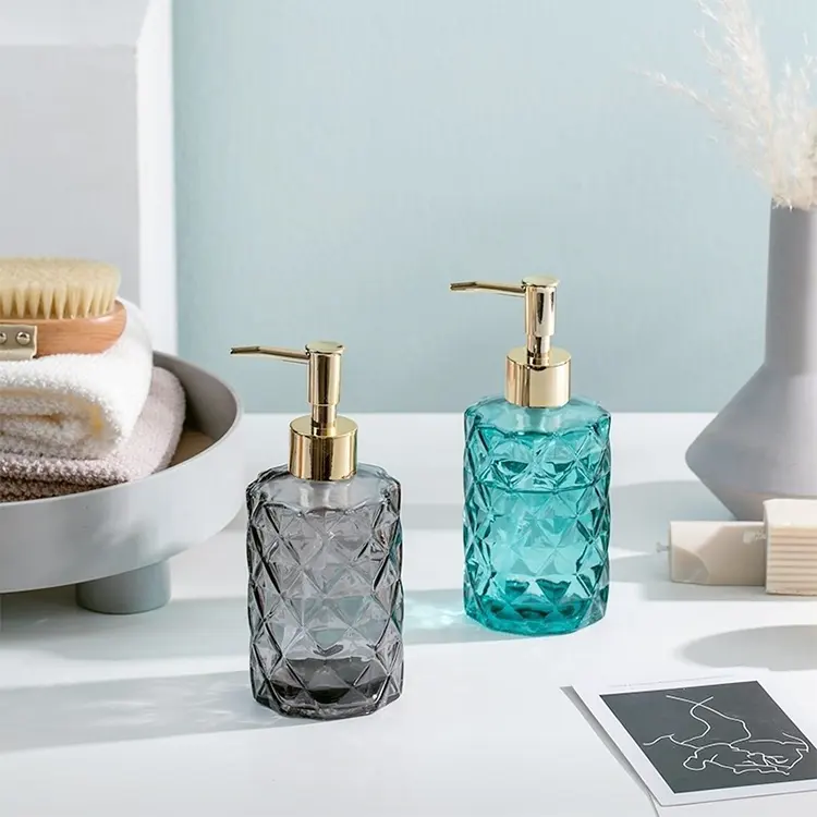 Bottiglie per pompa per lozione blu con bottiglia per Shampoo per Hotel vetro trasparente ECO personalizzato per imballaggi per la cura della pelle riciclabili aumento di cosmetici in vetro