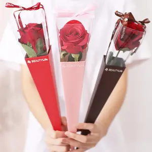 Bonudy新款批发42厘米纸花盒圆锥形单长杆玫瑰礼品盒情人节母亲节包装Ros