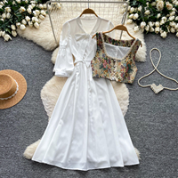 Ensemble élégant vintage 2 pièces pour femme : Robe gilet et jupe mi-longue taille haute à col noué et manches bouffantes, idéal pour les trajets quotidiens en automne