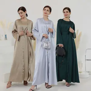 Z-22 ilkbahar ve yaz 2 adet takım elbise günlük düz renk boncuklu robe abaya kadınlar müslüman elbise