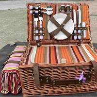 Panier de pique-nique en saule tressé brun foncé avec doublure en coton, sangle en cuir et tapis assorti pour le camping en plein air – Coffret cadeau