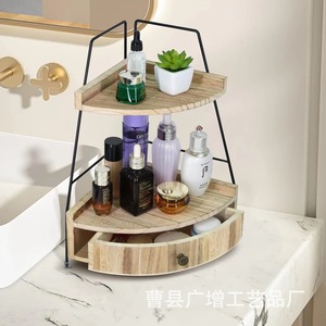 Estante de almacenamiento de esquina de madera de 2 niveles con cajón para organizador de cosméticos de baño, color madera natural, independiente - Product Image 1
