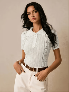 Pulls en maille ajouré<span class=keywords><strong>e</strong></span> pour femmes, collection été 2026, manches courtes, respirant, boutonné, élégant, ajouré, blanc ivoire, décontracté pour le quotidien - Product Image 4