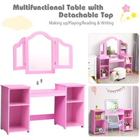Coiffeuse 2 en 1 en bois, style princesse, coiffeuse, bureau de maquillage avec miroir et étagères de rangement, de couleur rose
