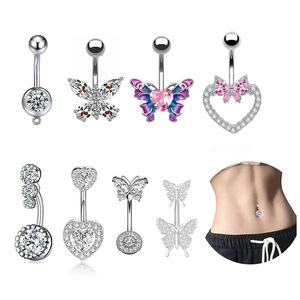 Anneau de nombril en acier inoxydable avec zircon incrusté, forme papillon cœur, piercing de nombril pour femme, bijoux de mode - Product Image 1
