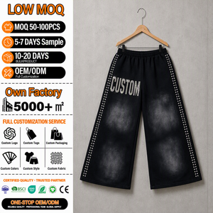Pantalon de survêtement noir pour homme, coupe large, taille élastique, logo personnalisé imprimé, strass latéraux, style streetwear - Product Image 2
