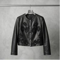 Veste en cuir de mouton noir pour femme, col rond, boutons pression perlés, broderie florale 3D en cristal, manteau court de luxe