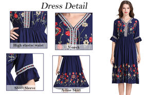 "Women's Short-sleeved <strong>Mexican</strong> Embroidered Printed A-shaped Cocktail <strong>Dress</strong> with Pleated Skirt-Bohemian Summer Party <strong>Dress</strong>" - Product Image 6