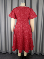 AM050342 Robe de Mariée à Col Carré et Manches Courtes Bouffantes, Coupe Trapèze Imprimée, Élégante Rouge, Robe Décontractée d'Été