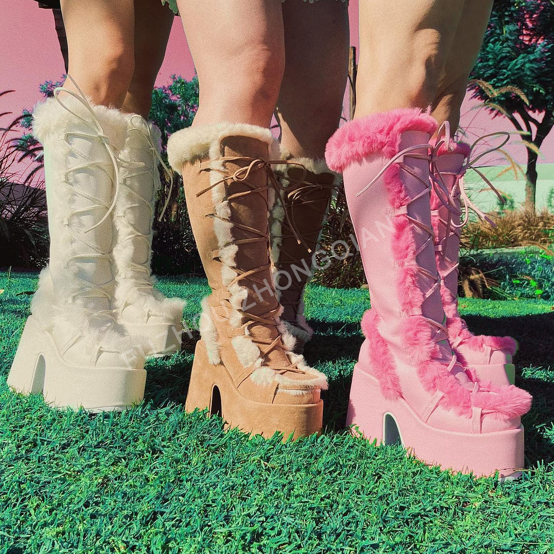 Designer Y2K Punk Chunky Plus Size Lace up Zippers Boots