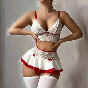 Ensemble de lingerie 2 pièces en dentelle de mousseline blanche respirante taille XXL pour femme, <span class=keywords><strong>mini</strong></span>-jupe transparente, jarretière, nœud décoratif, nuisette sexy, tenue de demoiselle d'honneur - Product Image 3