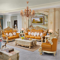 Canapé en cuir de style européen 123 combinaisons, grand salon de villa, mobilier haut de gamme, bois massif sculpté, canapé en cuir de vachette de première qualité