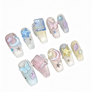<span class=keywords><strong>Uñas</strong></span> postizas largas tipo ataúd con arte celestial de ensueño, dijes 3D de luna, estrellas y mariposas, estilo fantasía de alta gama, venta al por mayor - Product Image 3