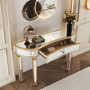 Half Moon <b>Mirrored</b> <b>Console</b> Table 47 In Fluted Glass Drawer Crystal Knob Vanity Desk For Bedroom Dressing Area - Product Image 5
