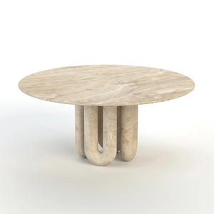 Table à manger ronde en travertin naturel avec pieds sculpturaux organiques pour meubles de maison de luxe 8-10 places - Product Image 1