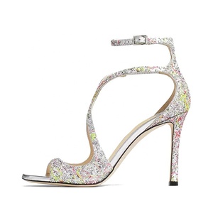 Sandalias de tacón de aguja con punta abierta y tiras cruzadas de diamantes para mujer, diseño de marca, brillantes, para verano - Product Image 3