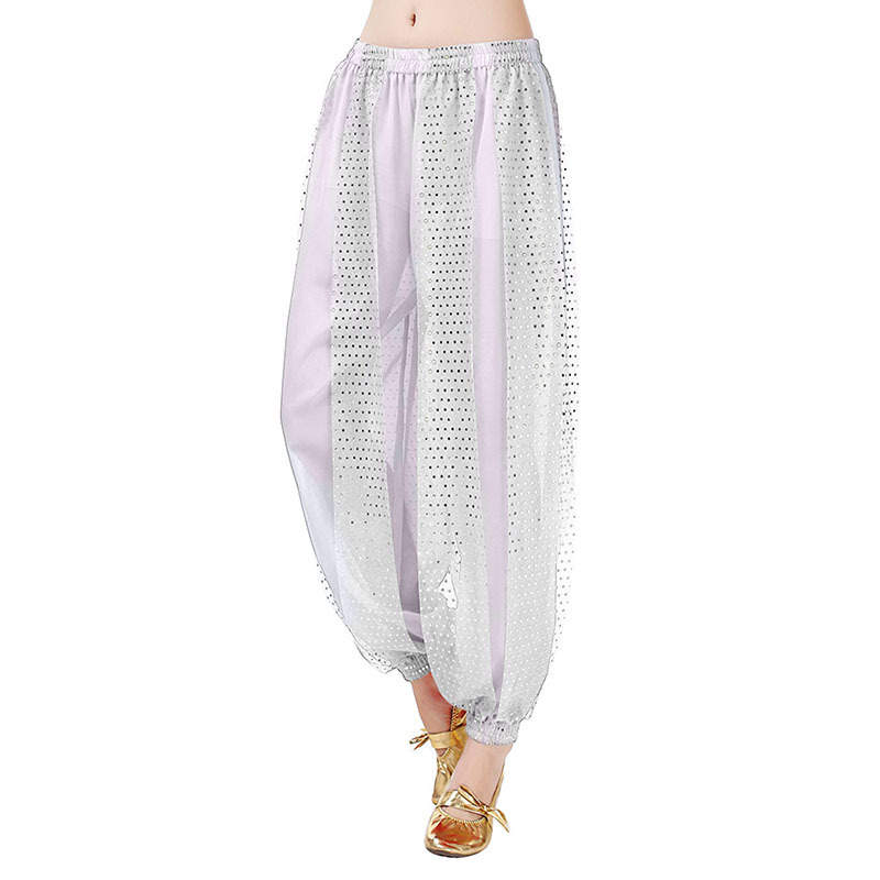 Pantalones bombachos de danza del vientre con lentejuelas blancas
