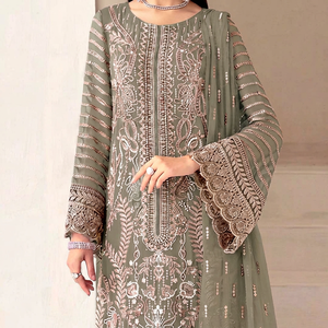 Ensemble Salwar en soie brodée vert olive pour femme avec dupatta, tenue traditionnelle indienne et pakistanaise pour mariage, coupe ample, longueur au sol - Product Image 1