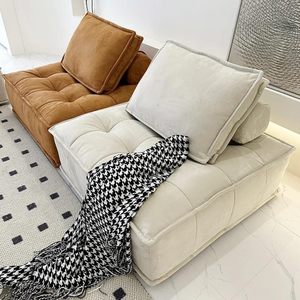 Sofá reclinable Seccional de cuero Modular color crema, patas de madera de viento de tofu inspiradas extensibles para salas de estar, hoteles, villas, tela de cama - Product Image 6