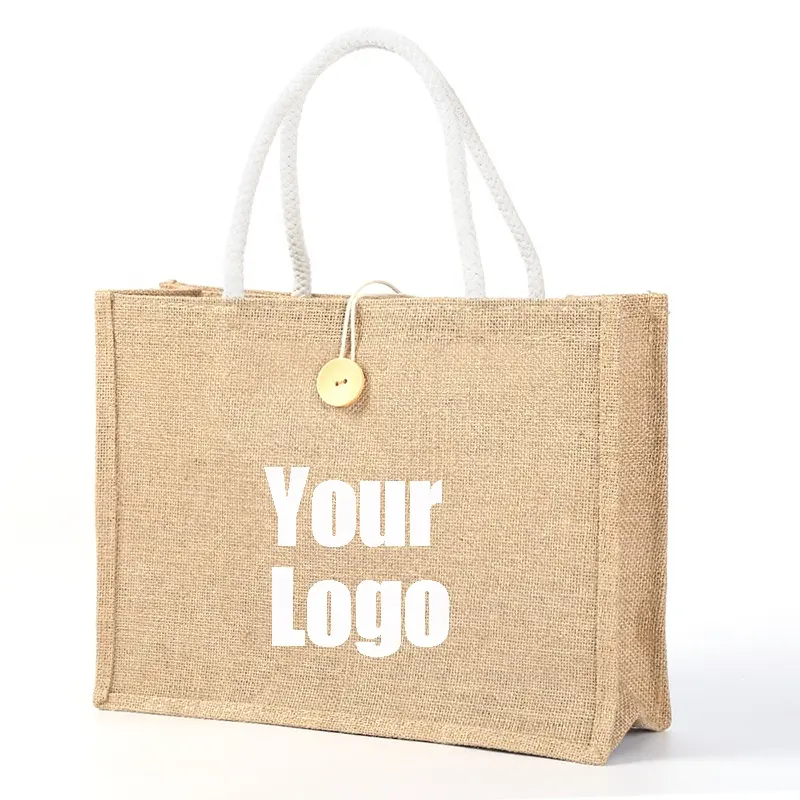 Piccola borsa di iuta impermeabile ecologica per regalo in bianco riutilizzabile borsa a tracolla in juta con logo personalizzato con bottone