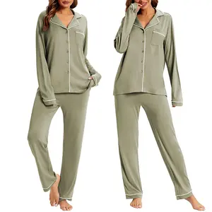 Kadın bambu pijama yumuşak çentik yaka uzun kollu bambu pijama düğme aşağı PJ setleri kadınlar için