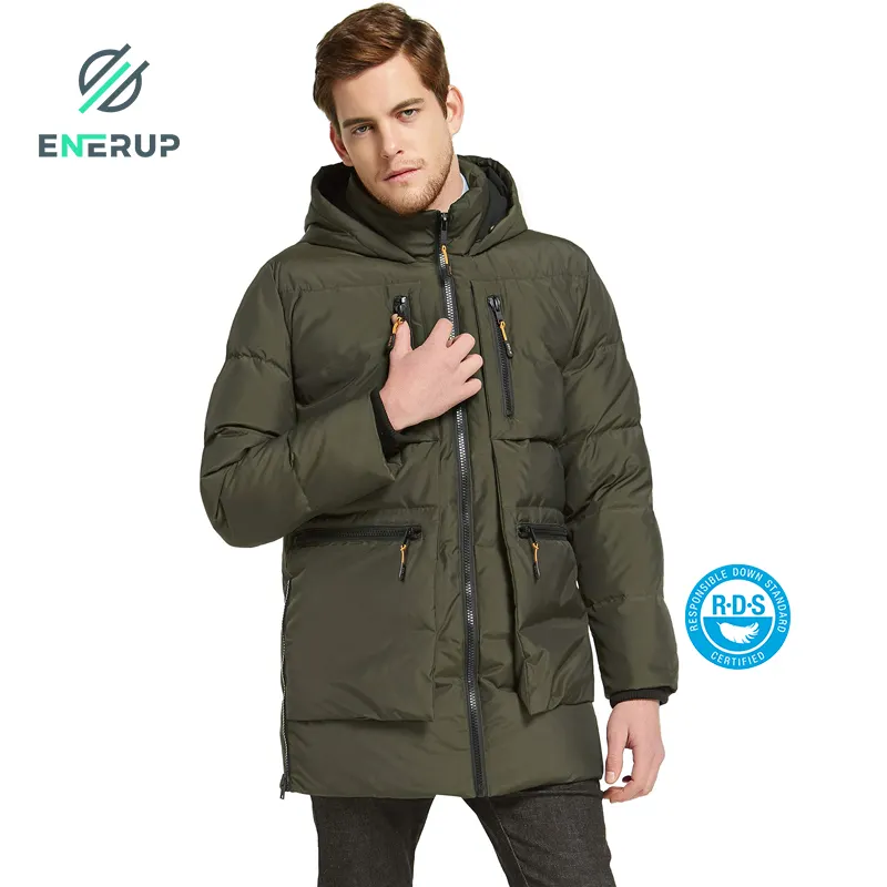 Enerup wholesale men's outdoor heavyweight parka jacket with hood multiple pockets for men 90% White Duck down fill