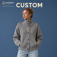 Cardigan en maille à col montant pour femme, boutonné sur le devant, côtelé, coupe décontractée, vêtement d'hiver, vente en gros personnalisée