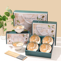 Ensemble cadeau de bols à riz en céramique à motifs floraux vintage et baguettes en bambou, 2/4 pièces, vaisselle en porcelaine, boîte cadeau souvenir de mariage ou d'affaires