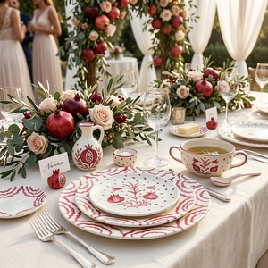 Assiettes en céramique peintes à la main rouges <span class=keywords><strong>et</strong></span> blanches en gros, <span class=keywords><strong>service</strong></span> de vaisselle en porcelaine vintage romantique pour la restauration <span class=keywords><strong>et</strong></span> les mariages - Product Image 5