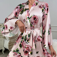 Pyjama de luxe ample et confortable pour femme, en soie japonaise texturée, col en V, manches longues, à lacets, respirant, imprimé à volants, pour la maison
