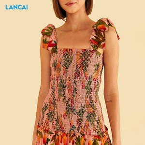 Vestido largo MIDI con estampado de árboles de mango rosa y tiras de tul con volantes personalizado para mujer - Product Image 3