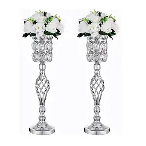 Tengah meja pernikahan baru bahan logam perak berlian kristal bunga pernikahan berdiri di tengah vas untuk dekorasi pesta rumah