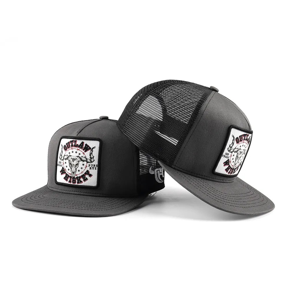Wholesale Oem Customised Men High Quality 5 Panel Trucker Hat Flat Bill Printing Patch Logo Hip Hop Snapback Hat Mesh Cap