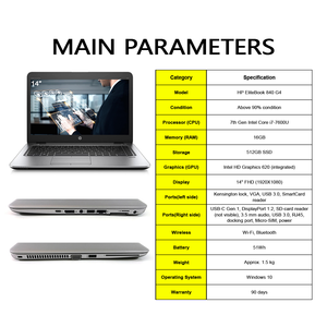 Portátil de negocios HP EliteBook 840 G4 usado, Intel Core <span class=keywords><strong>I7</strong></span> 7600U, <span class=keywords><strong>CPU</strong></span> 16GB RAM 512GB SSD, ordenador portátil original reacondicionado usado - Product Image 2