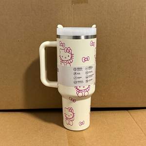 Gobelet de voyage isotherme en acier inoxydable de luxe de 40 oz avec poignée et paille, motif chat de dessin animé, idéal comme cadeau - Product Image 4