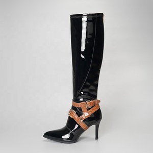 Marble Pattern Buckle Strap Big Size 43 Thin Heel Mirror Women Knee High <b>Boots</b> Back Zip Pointed Toe Dating Long for Lady - Product Image 1