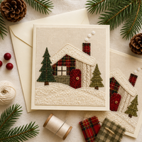 Carte de vœux personnalisée de Noël 5x7 pouces en feutre de lin 300 g/m² avec applique cabane d'hiver, enveloppe assortie et estampage à chaud en relief